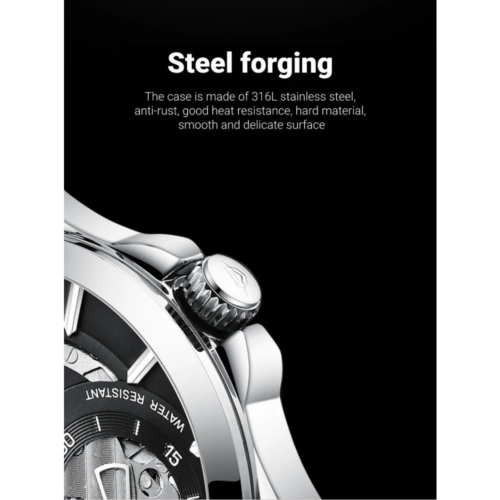 AILANG Men Automatic Mechanical Wristwatch Hollow Skeleton Dial Stainless Steel Band Business Sport Male Watch