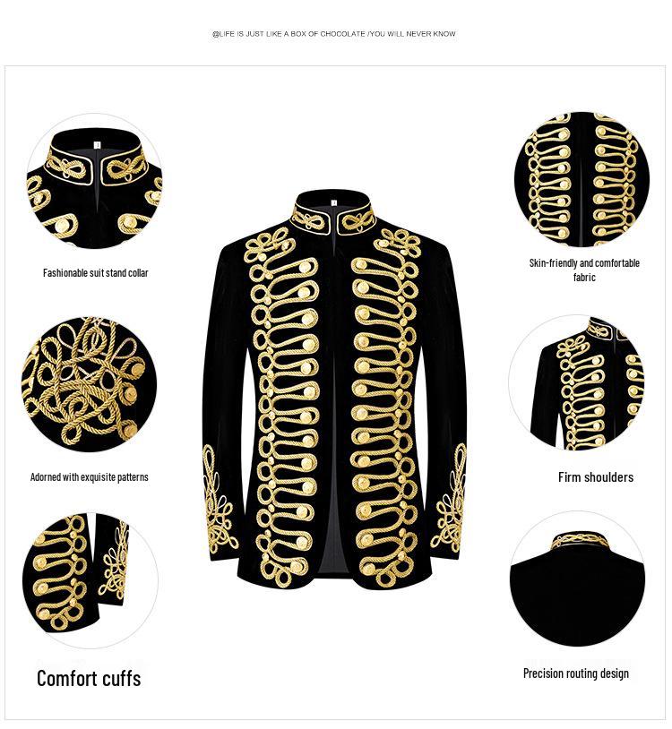 Men's Retro European Velvet Military Jacket with Gold Embroidery