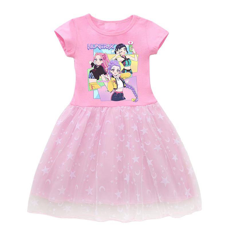 

Kids Girls Cartoon Kpop Demon Hunters T-Shirt Dress Summer Casual Short Sleeve Star Moon Tulle Princess Dresses for Toddler Girls Children Clothing 110 розовый