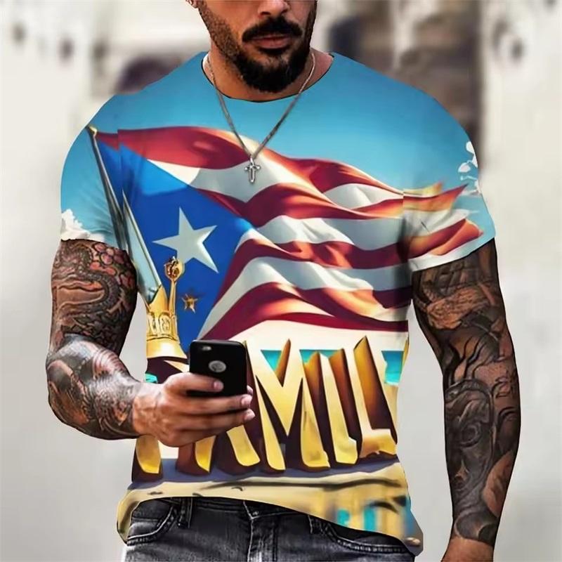 Summer Round Neck Puerto Rico Flag Pattern 3D Print Top Fashionable Casual Short Sleeved Men's T-shirts