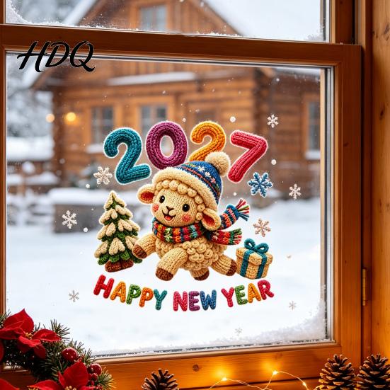 Knitted Wool Texture Decals Chinese New Year Window Stickers 2027 Goat Static Clings Reusable Festive Glass Clings Crochet Knit Lamb Decals
