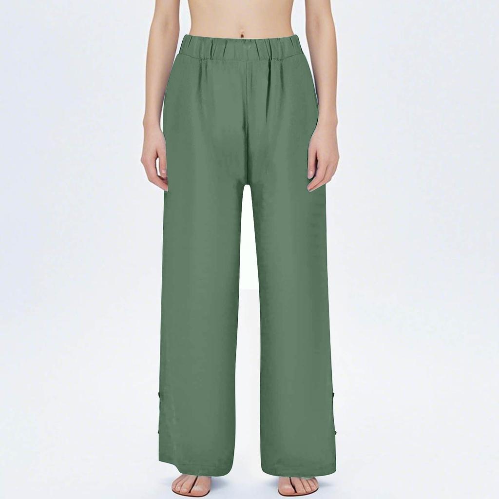 Women's Fashion Cotton Linen Color Casual Daily Side Pockets Leg Hollow Button Trousers
