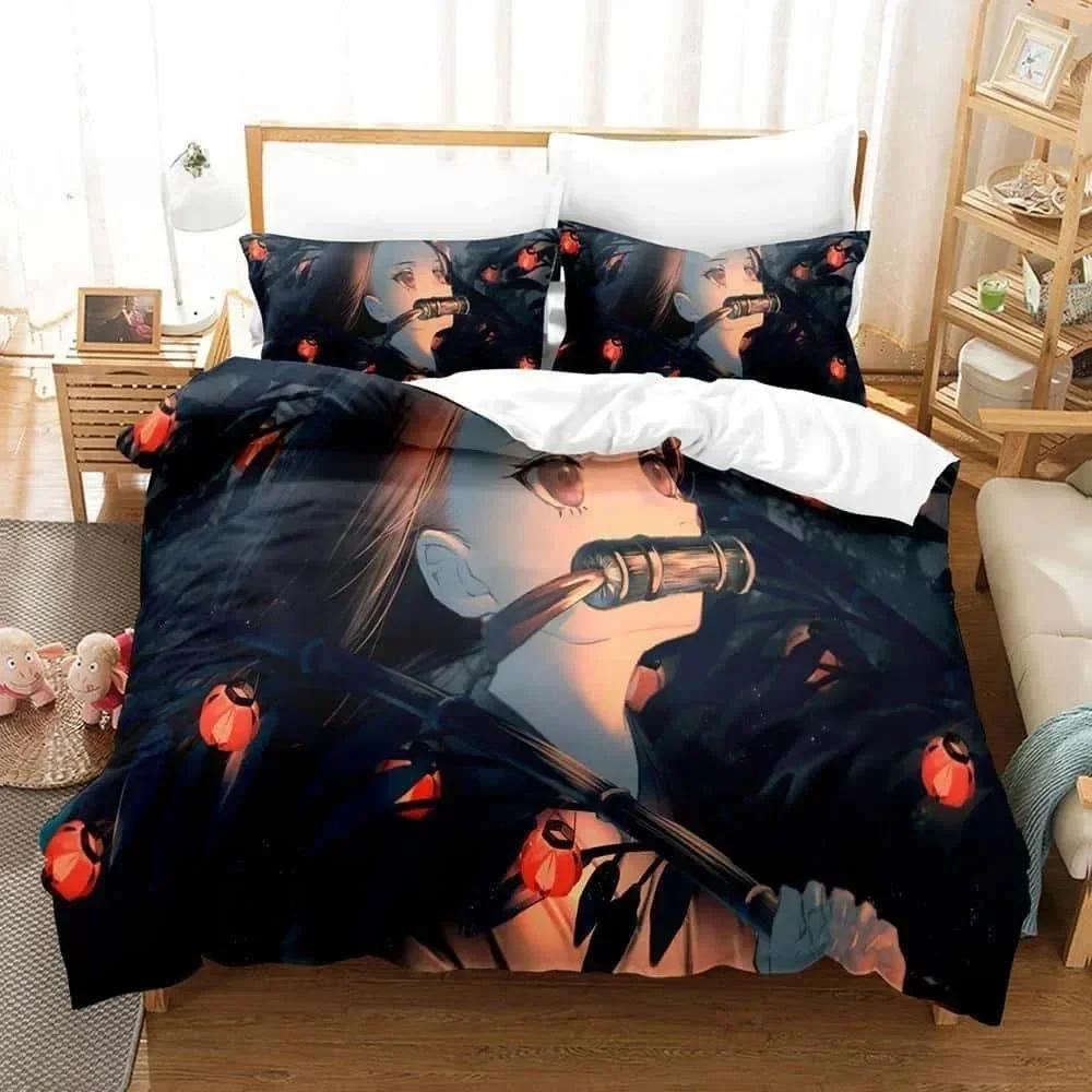 

3D Printed Anime Bed Sheet Demon Slayer Bedding Set Single Twin Full Queen King Size Bed Set Adult Kid Bedroom Duvet Cover Sets EU Single(135*200cm)3pcs
