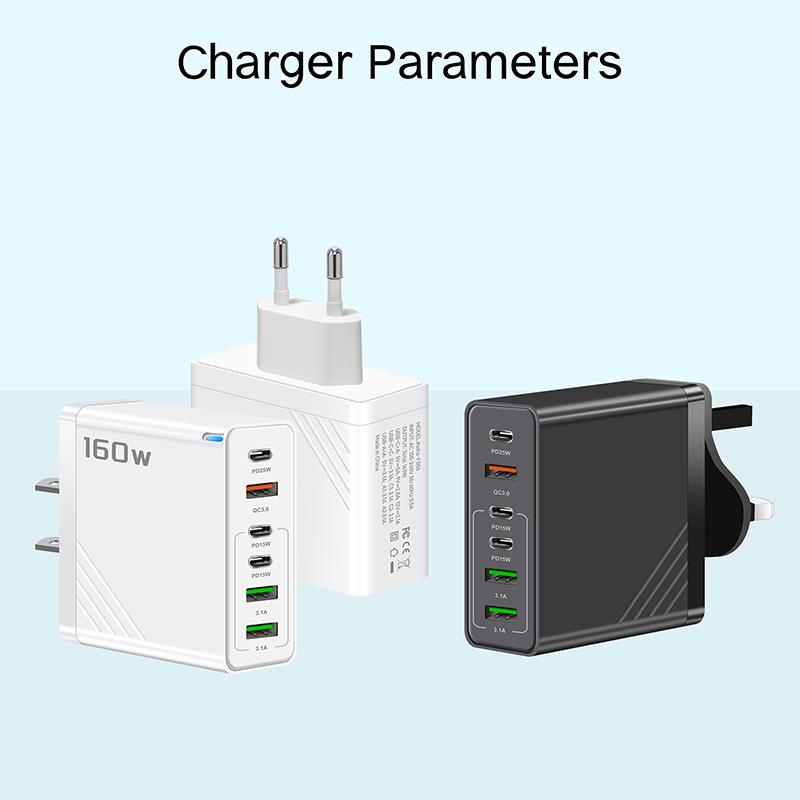 160W 6-Port Fast Charging Usb Type C Quick Charge Pd Qc3.0 Wall Charger Adapter For Iphone Xiaomi Samsung Huawei Phone Charger