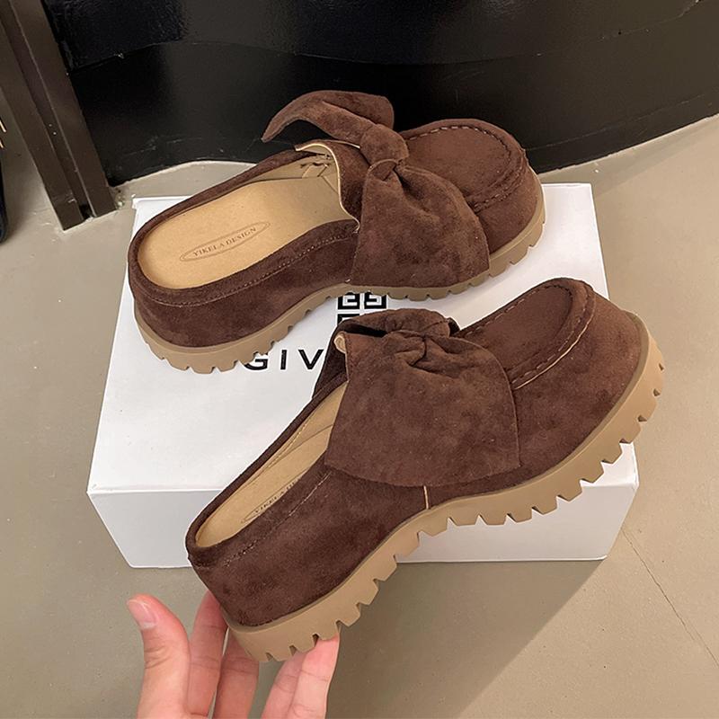 Fashion Bow Flats Women Mules Shoes Platform Suede Slingback Slippers Fashion Dress Sandals 2025 Casual Cozy Designer Zapatos De Mujer