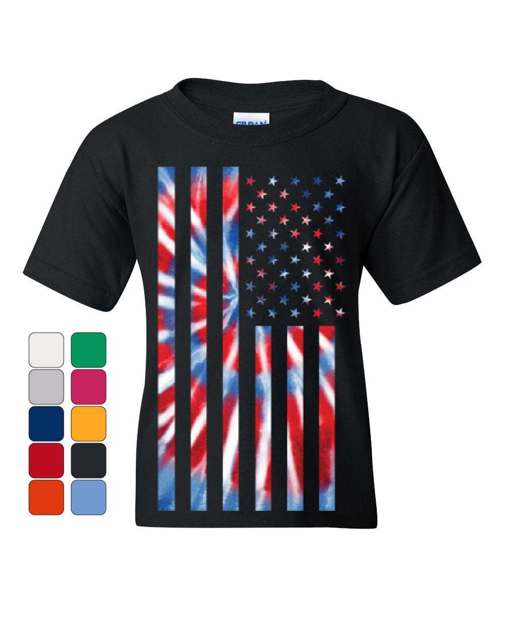 

Tie-dye American Flag Youth kids boys T-Shirt 4th of July Stars and Stripes 120