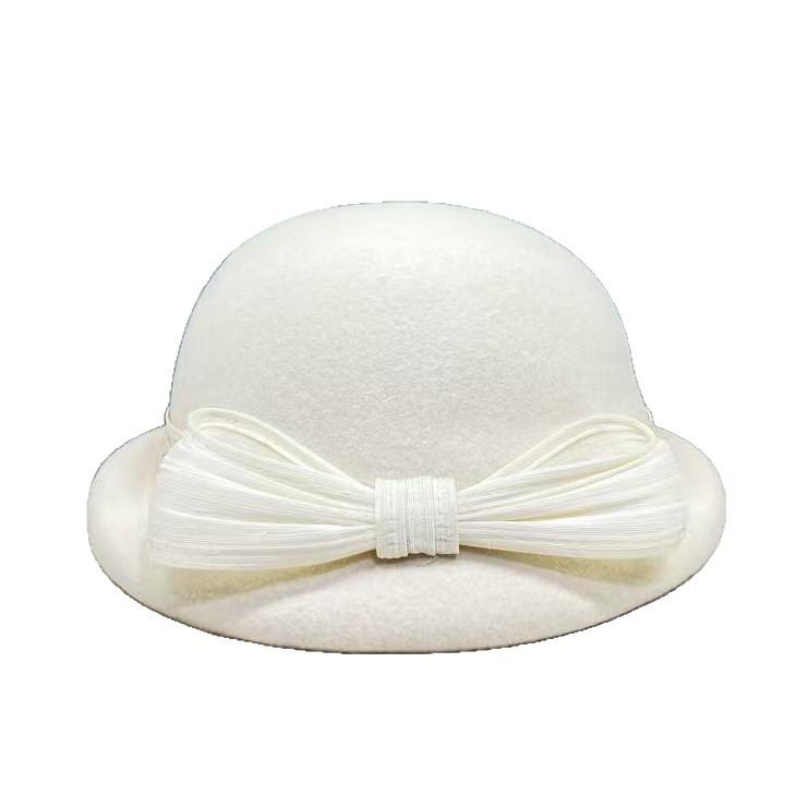 French Basin Hat Autumn and Winter High-end Celebrity Daughter Wind Silk Hemp Bow Crimped Top Hat Temperament Pure Wool Felt Hat