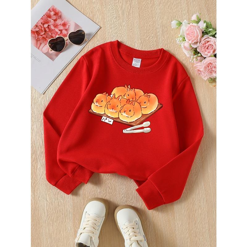 Girls' Soft Crewneck Sweatshirt, Cute Rabbit-Shaped Bread Print Design with Creative Print, Casual All-Match for Fall Winter, Ideal Holiday Present