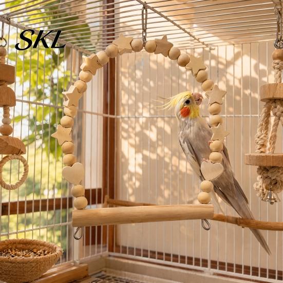 Parrot Climbing Toy Swing Perch, Solid Wood Perch Pole, Wooden Blocks And Beads Arch, Unpainted Bird for Small Medium Parrots with