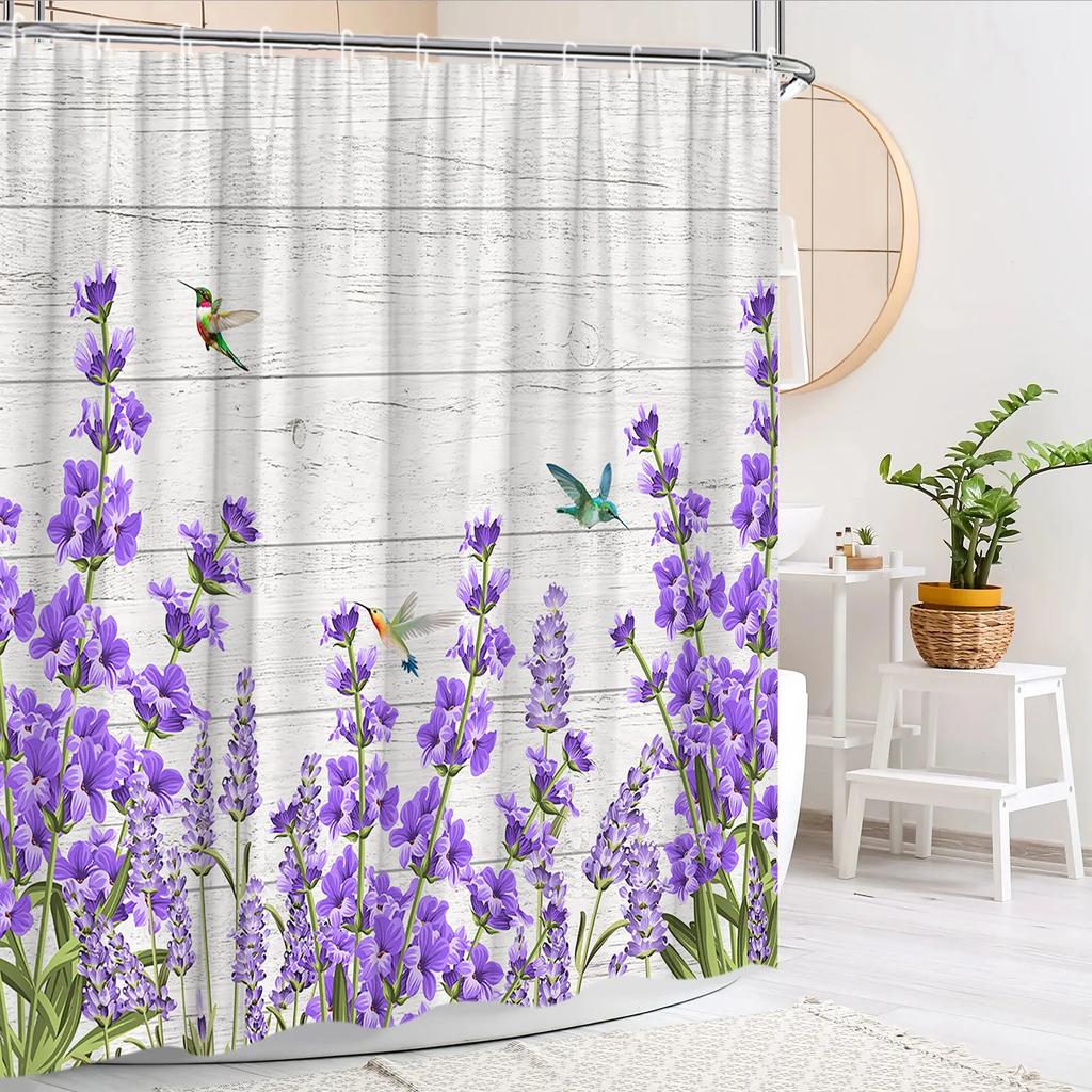 Floral Shower Curtain Purple Lavender Farm Green Leaf Butterfly Rustic Wood Panel Modern Polyester Fabric Bathroom Decor Curtain