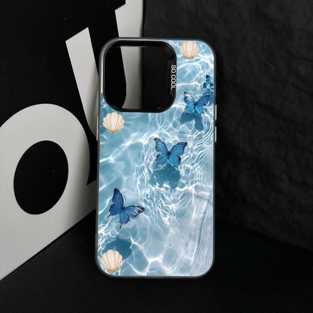 Blue Butterfly Ocean Waves Phone Case For iPhone 17 16 15 14 13 12 11 XS XR X Pro Max Plus Colored Silver Plated Cover