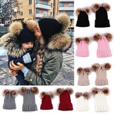 Girls Boys Winter Warm Knit Hat Furry Balls Pompom Solid Warm Bobble Cap