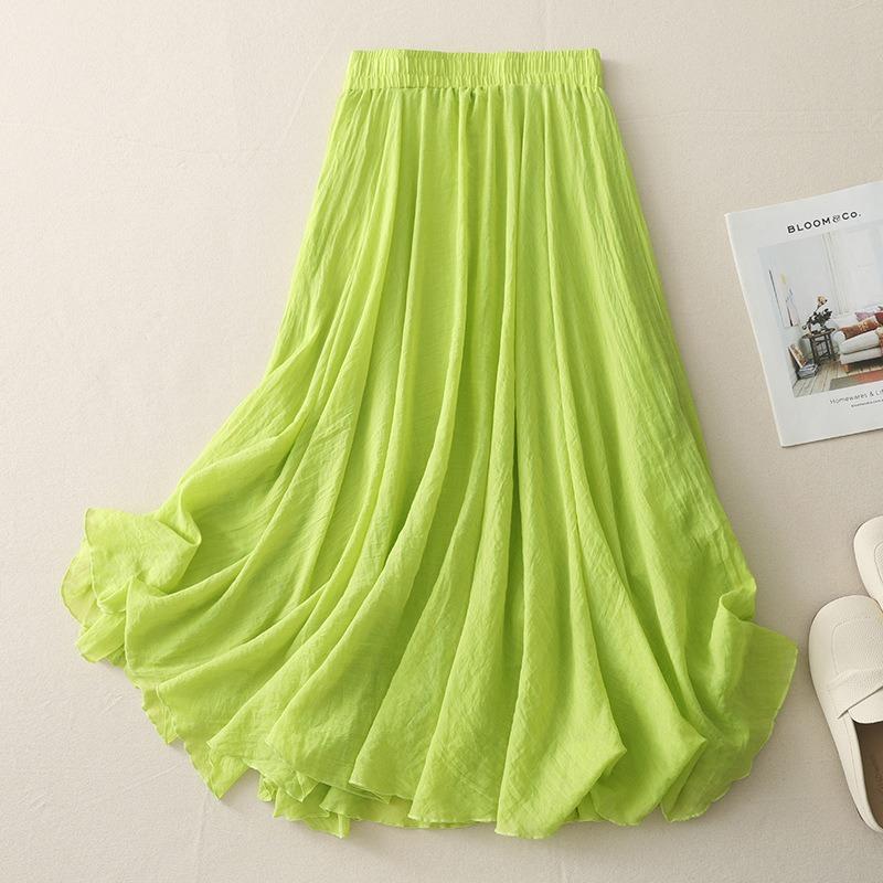 Long A-line Skirt In Cotton and Linen with Elastic Waist In Pure Color for Summer and Autumn
