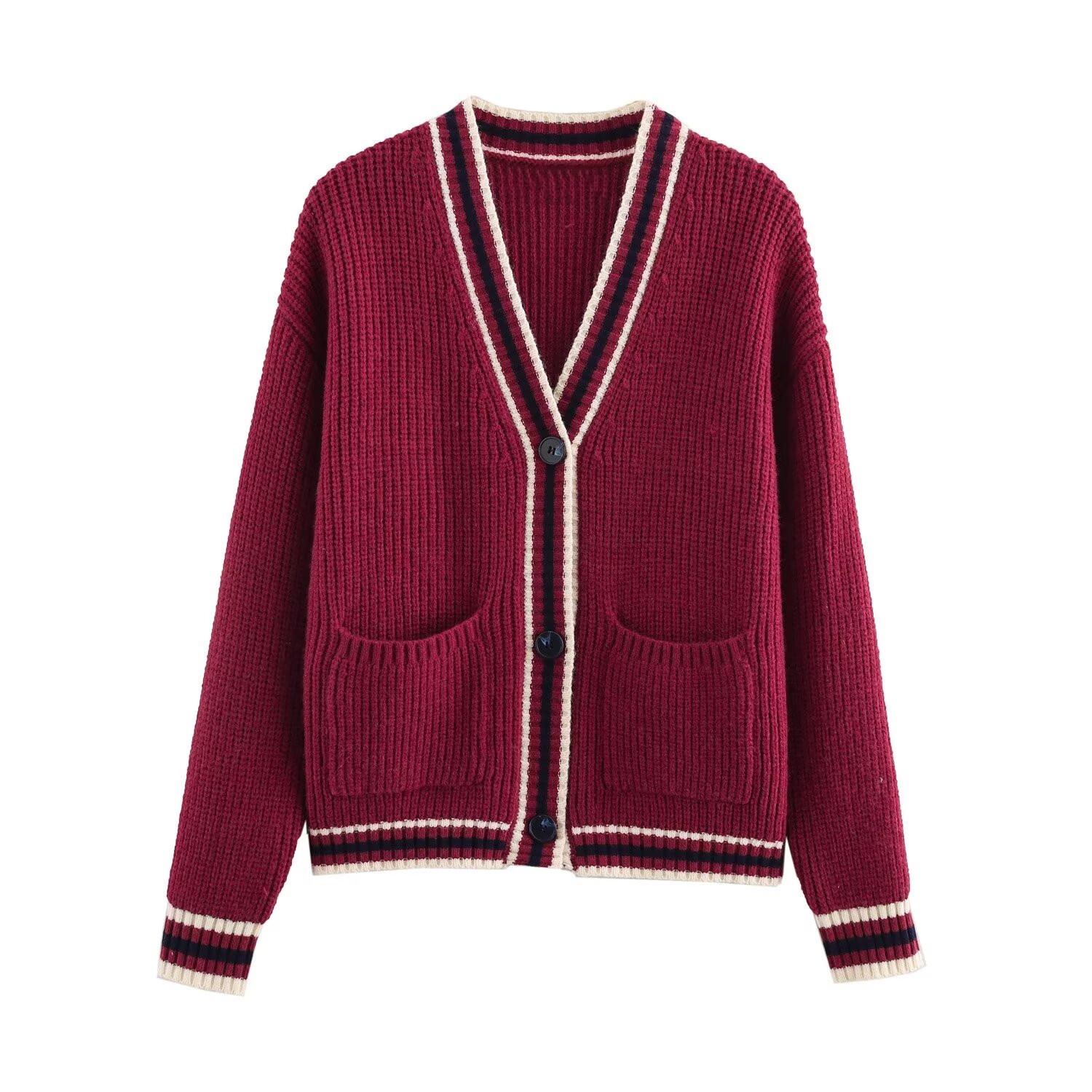 

Весна 2025 Женское трикотажное пальто-свитер с V-образным вырезом и длинными рукавами Medium темно-красного