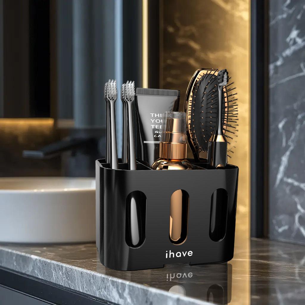Bathroom Organizer Storage Countertop & Wall Mounted Toothbrush Holder Waterproof Durable Black