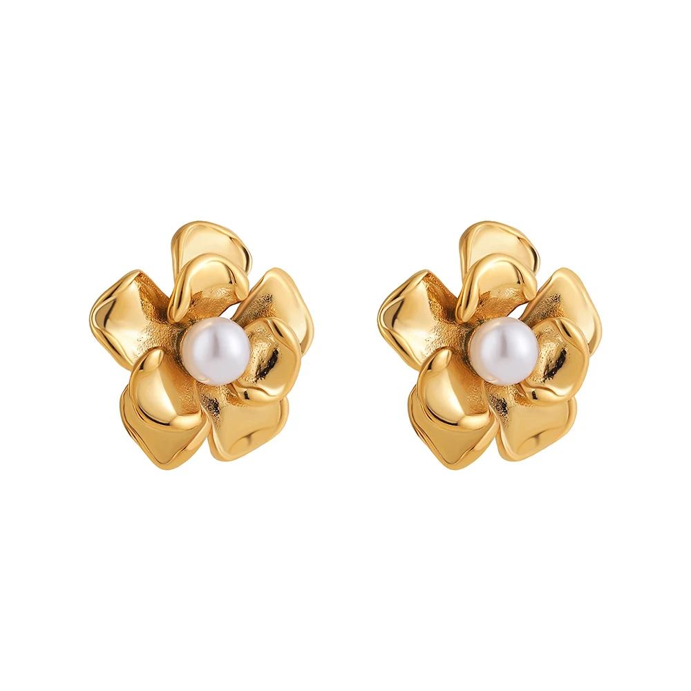 Geometric Stainless Steel Chunky Twist Metal Earrings Trendy Pearl Flower Stud Earring Everyday Statement Jewelry for Her