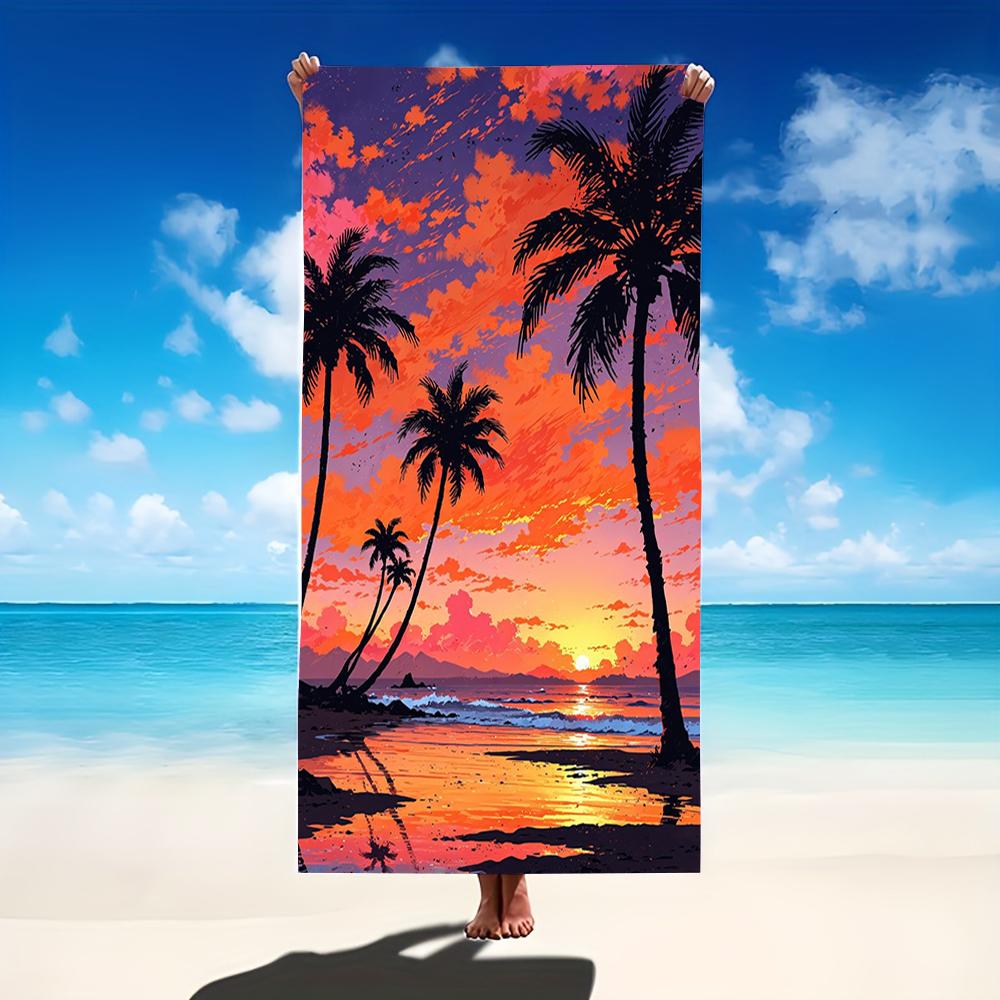 Tropical Sunset Palm Tree Ocean Print Beach Towel,absorbent fabric for beach vacations,resort stays,lake trips outdoor picnics