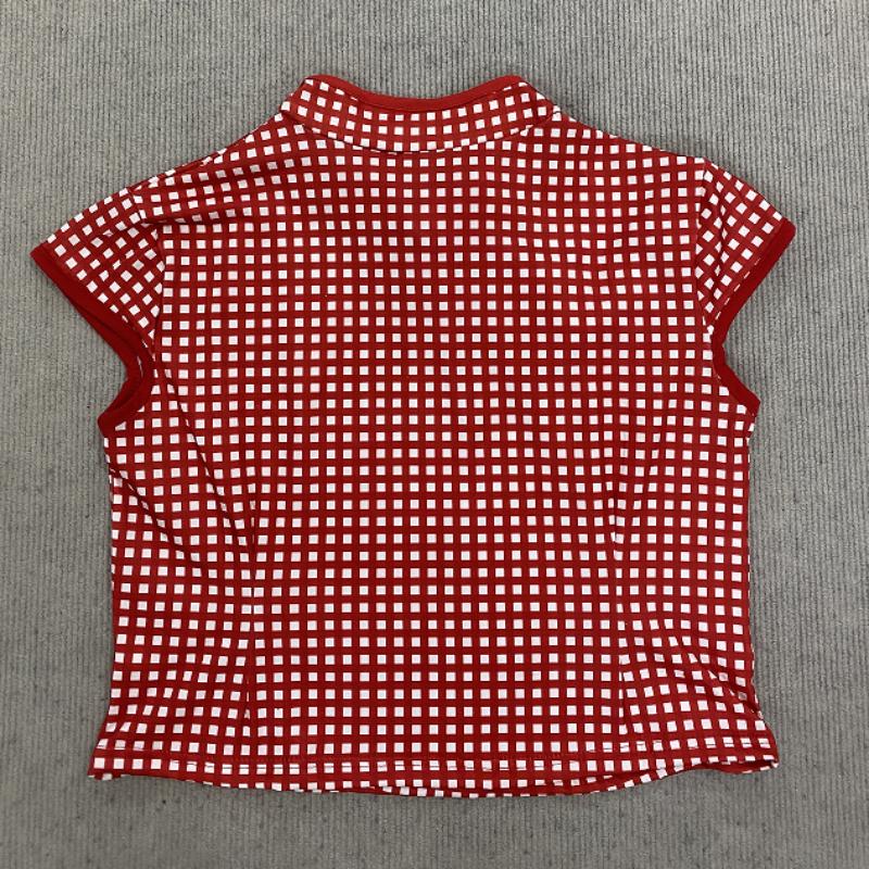 Retro Red Grid Small Fresh Women's Summer Stand Up Collar Buckle Short Sleeved Slim Fit T-shirt