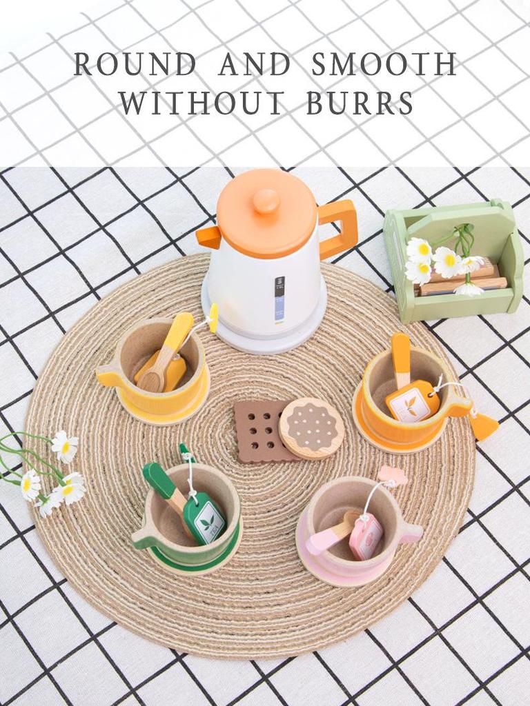 Children's Wooden Pretend Play Tea Set with Desserts and Teapot Tableware