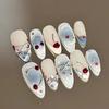 10Pcs Cute Red Cheery Press On Nails Blue Gradient Mid-length Almond Full Cover Nail Diamond and Bowknot French Design Fake Nail