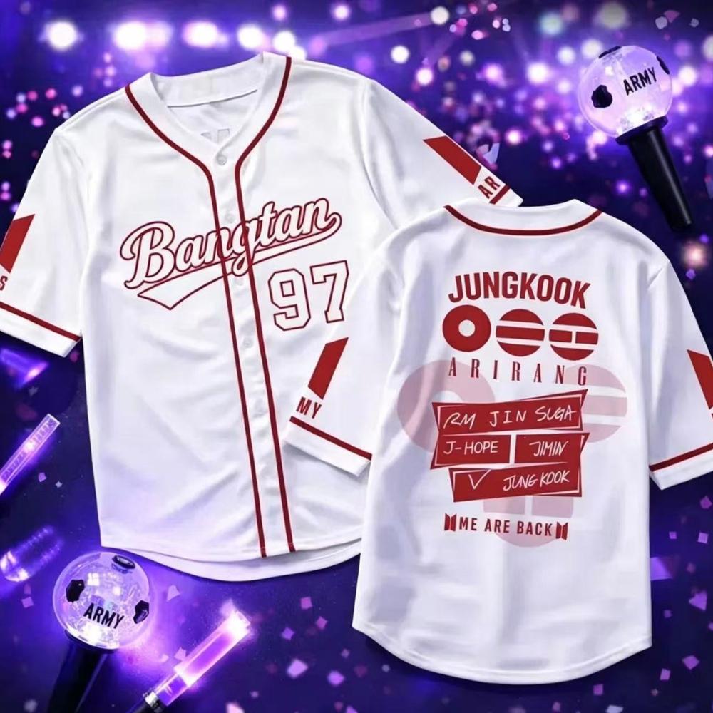 Kpop BTS Baseball Trikot Lila Kurzarm Cardigan Koreanische Streetwear Fan Support Hemd mit Knöpfen Konzertbekleidung für Damen und Herren