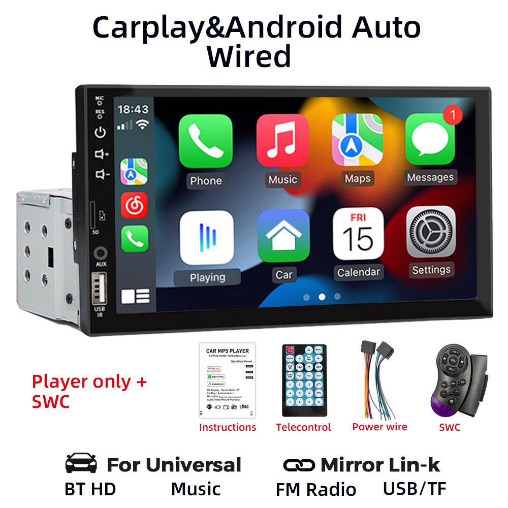 HIPPBQCC Car Radio 7" 1 Din Carplay Android Auto Multimedia Player HD Touch Screen FM AUX Input Bluetooth MirrorLink Universal