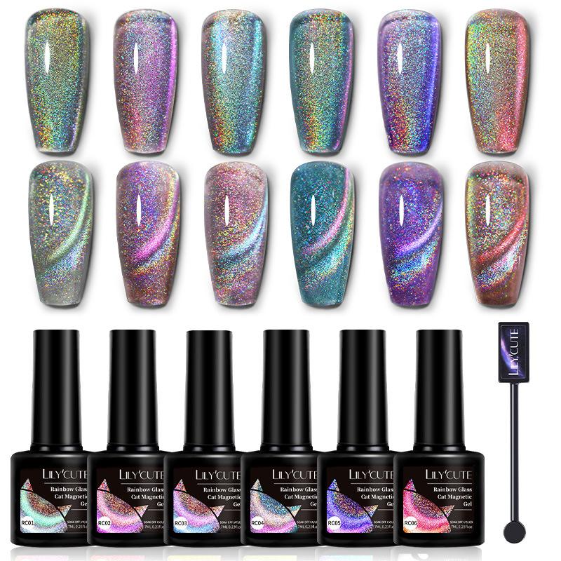 LILY'CUTE Barevná sada gelových laků Cat Eye 7barevná Laserový Flash Diamantový Cat Eye Nail Gel Kit