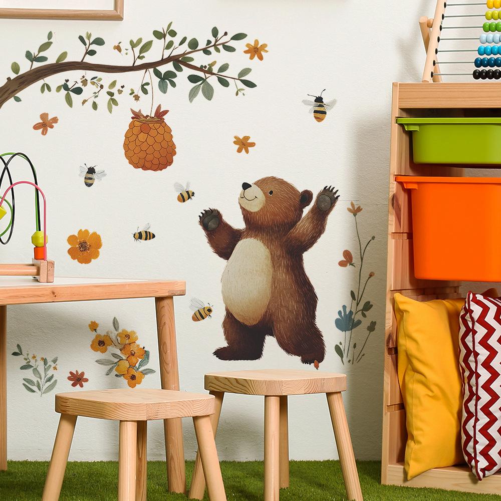 Cute Cartoon Bear with Honey Wall Sticker Sweet Nursery Decor for Bedroom Living Room Kids Room Self-Adhesive