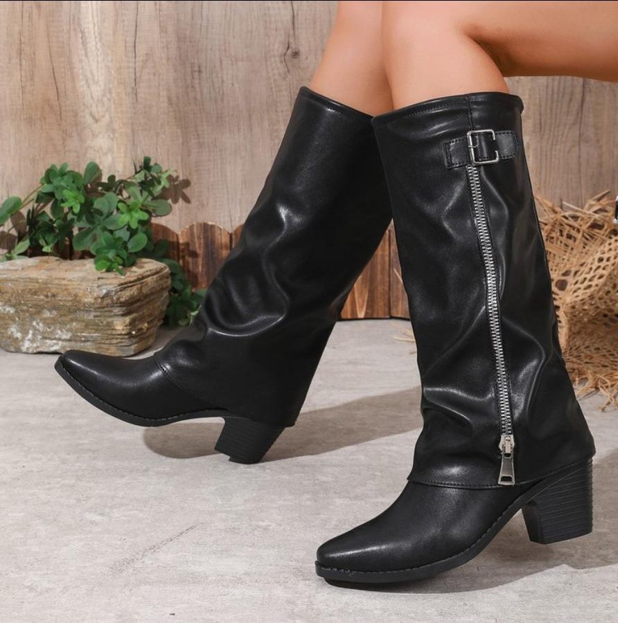 Women's Retro Round Toe Heel Mid-Calf Boots