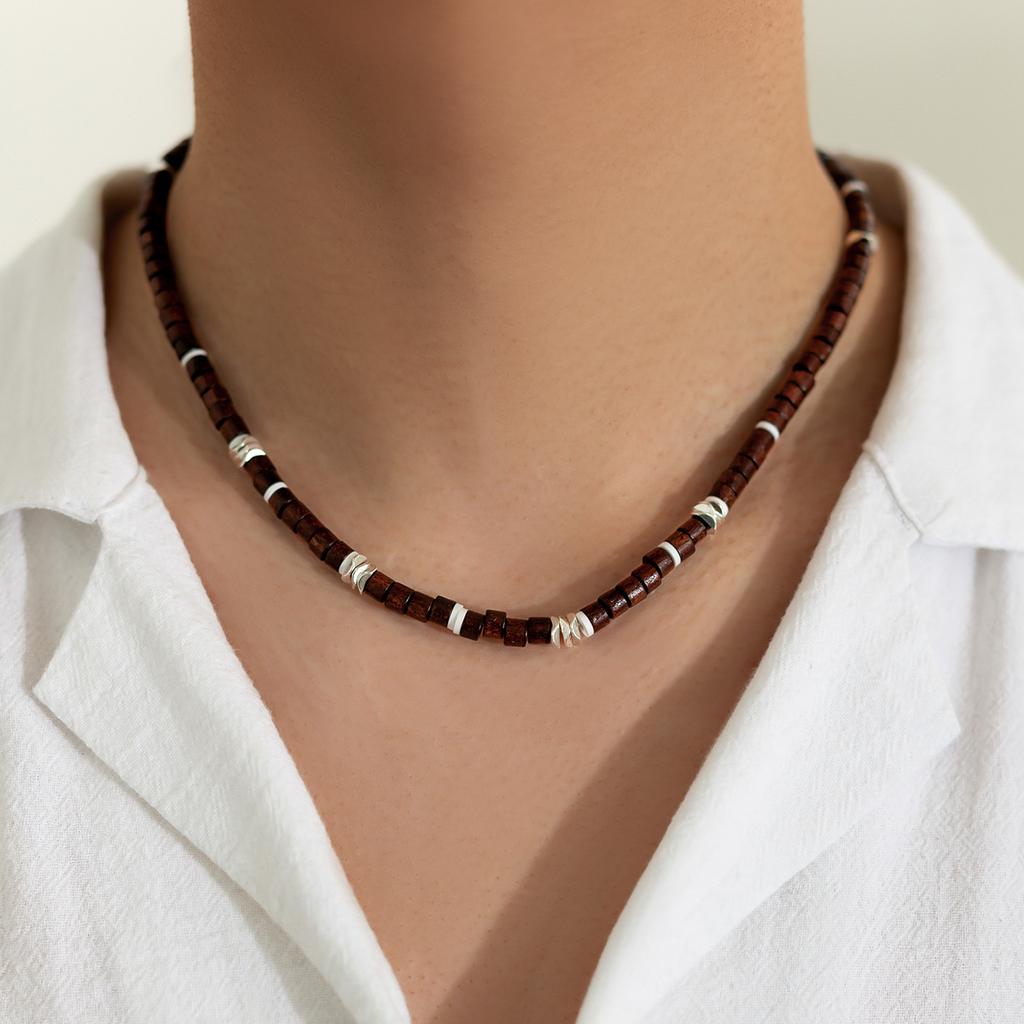 Wood Bead Splicing Necklace for Men Trendy High-End Bohemian Style Soft Ceramic Piece Collarbone Chain for Men