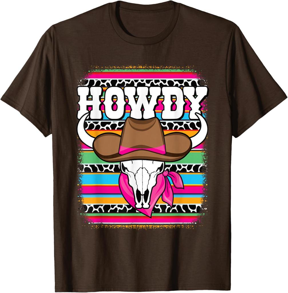 Howdy Cow Skull Western Rodeo Graphic Tee Breathable Short Sleeve Casual T-Shirt for Women