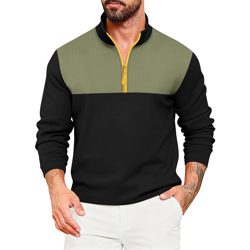 Men's Color Blocked 1/4 Zip Stand Collar Casual Sports Long Sleeved Top