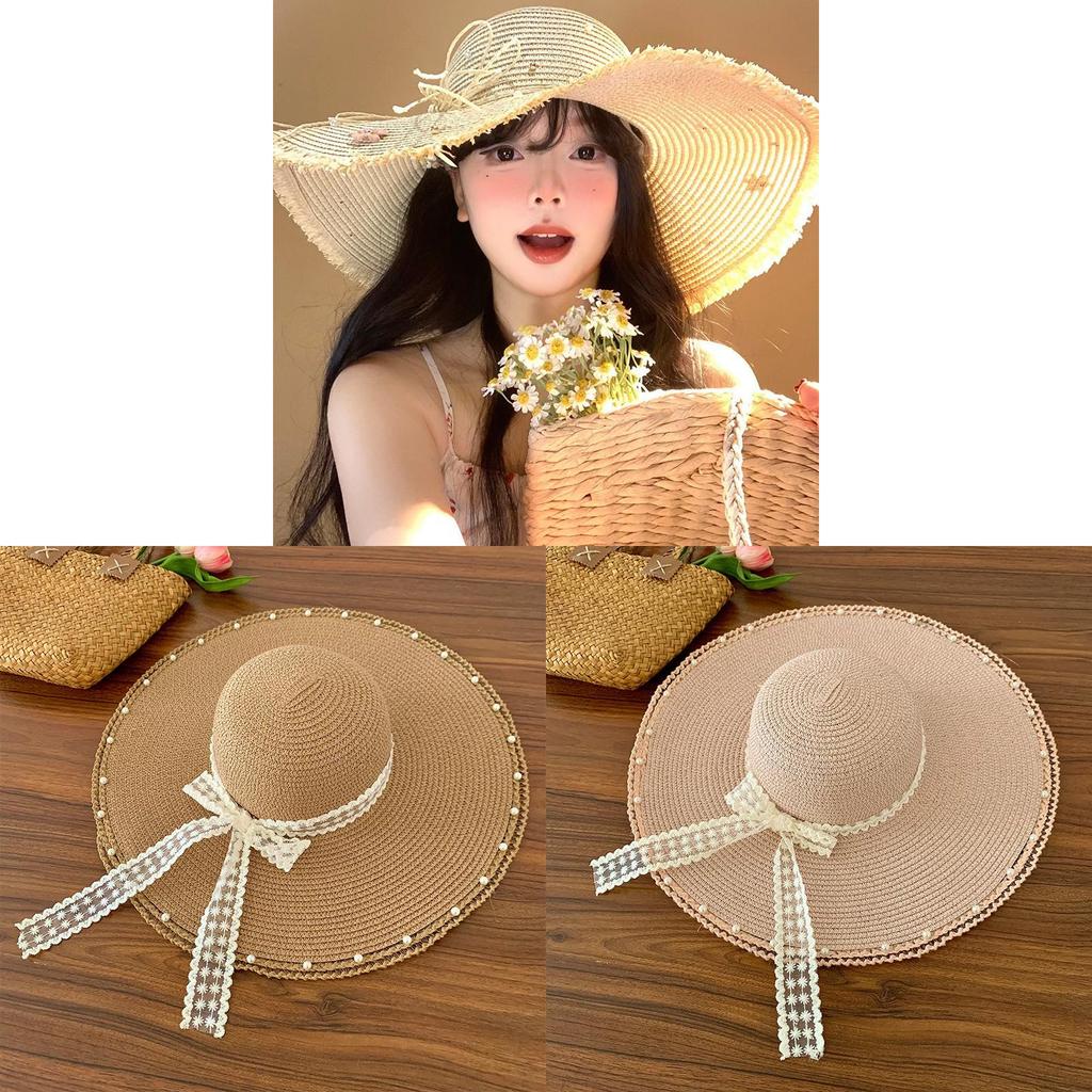 French Lace Bow Summer Wide Brim Hat For Sun Protection Beach Vacation Fans