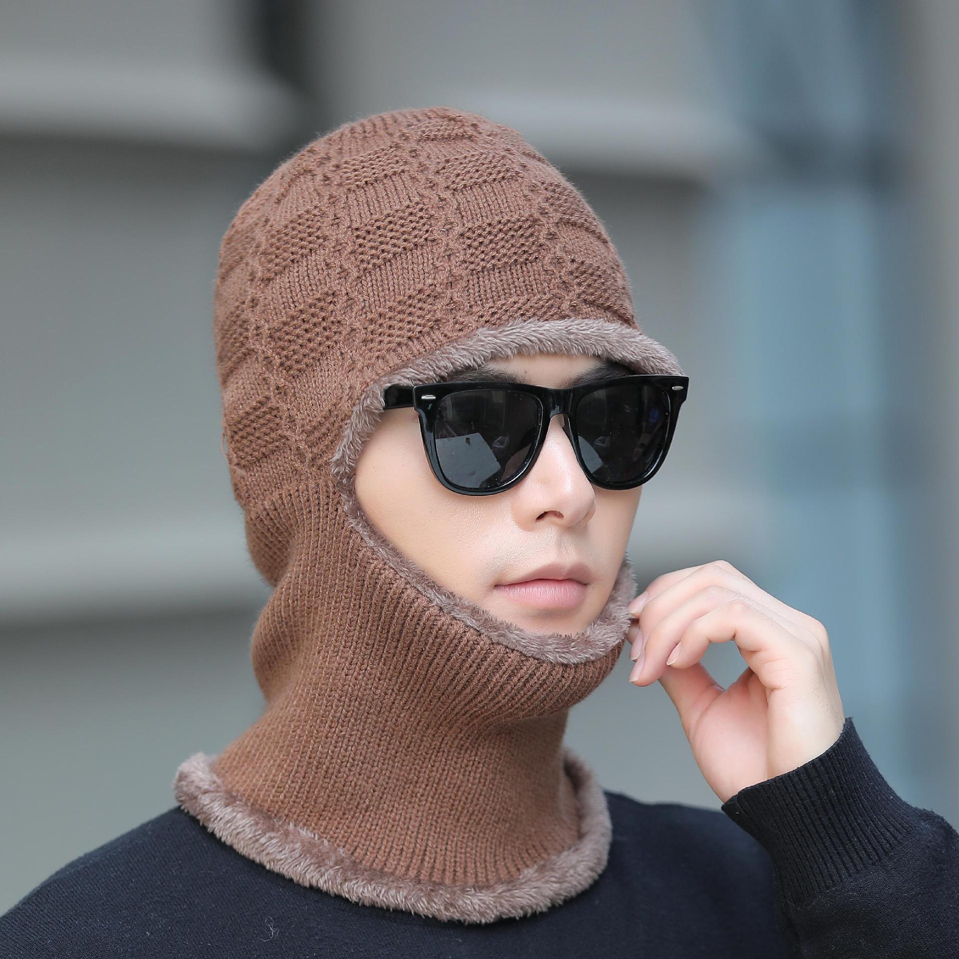 

Осень и Зима Плюс Бархатный Капюшон Мужская Вязаная Шапка Шарф Цельный Защита Ушей Шапка Бини one size