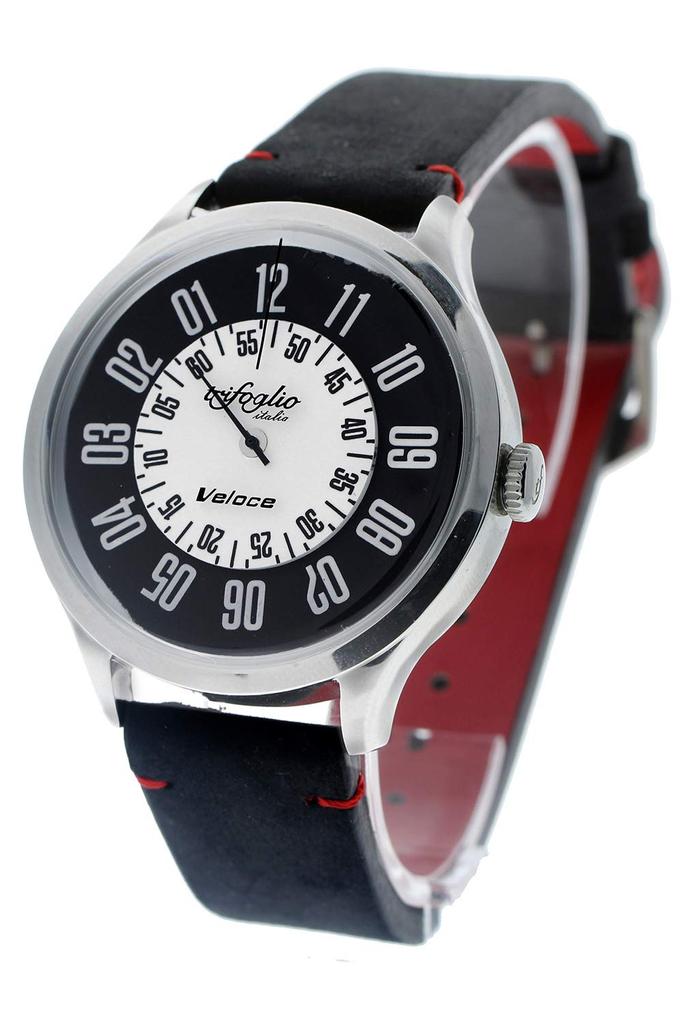 Veloce Bianconero Trifoglio Italia VELOCE BIANCONERO VL411SSBW Automatické otočné kotoučové hodinky Monochromatický ciferník Nubukový kožený pásek Černá Retro Vintage