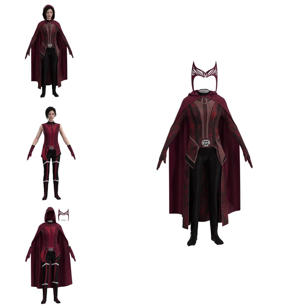 Nádherný kostým pro hraní role Scarlet Witch pro dospělé a děti, včetně overalu, pokrývky hlavy a pláště