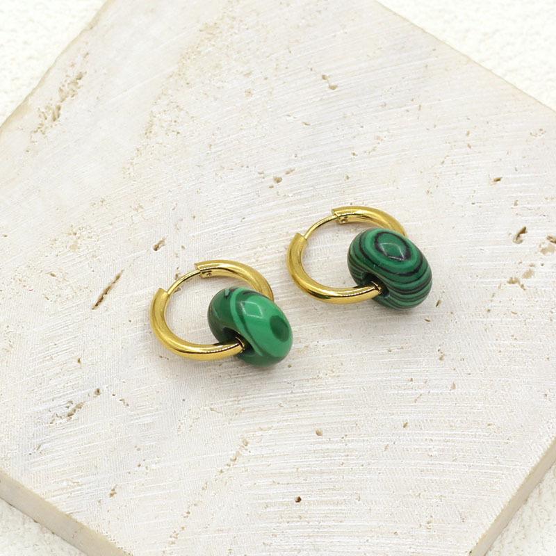 Chic Gold-Plated Stainless Steel Hoop Earrings with Natural Stone Pendants - European & American Street Style for Women