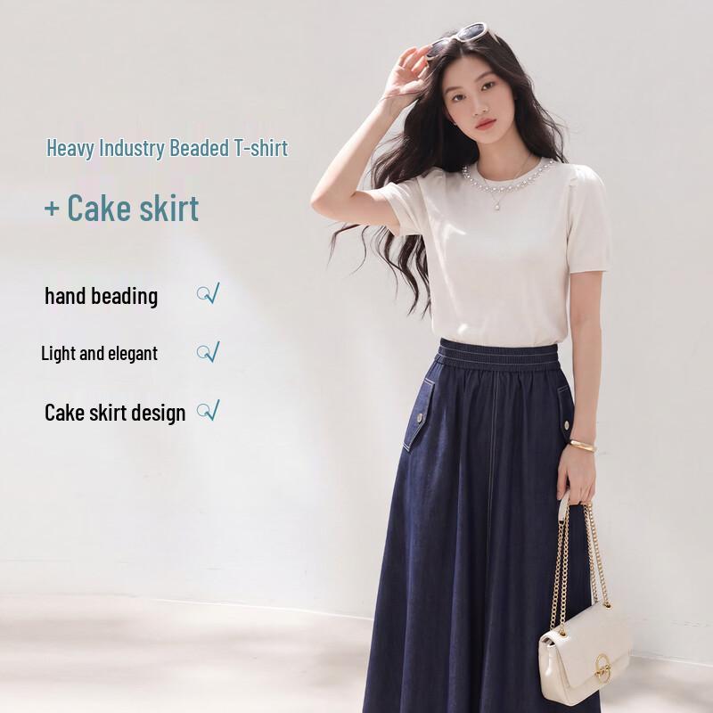 FivePlus Women s Beaded Textured Short-Sleeve Tee & Faux Denim A-Line Skirt Set L белый