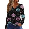 Women's Long Sleeve V-Neck T-Shirt with Button and Halloween Print Casual Top
