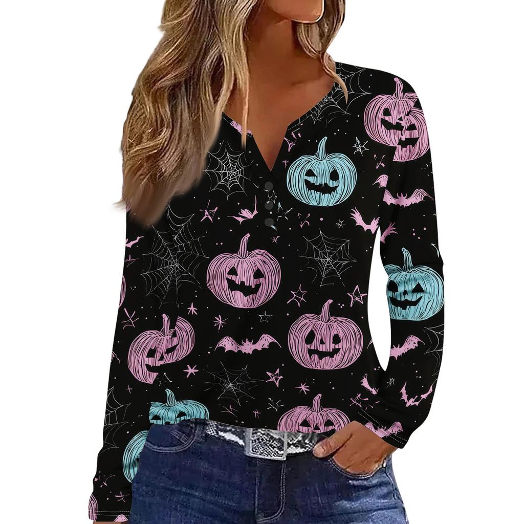 Women's Long Sleeve V-Neck T-Shirt with Button and Halloween Print Casual Top