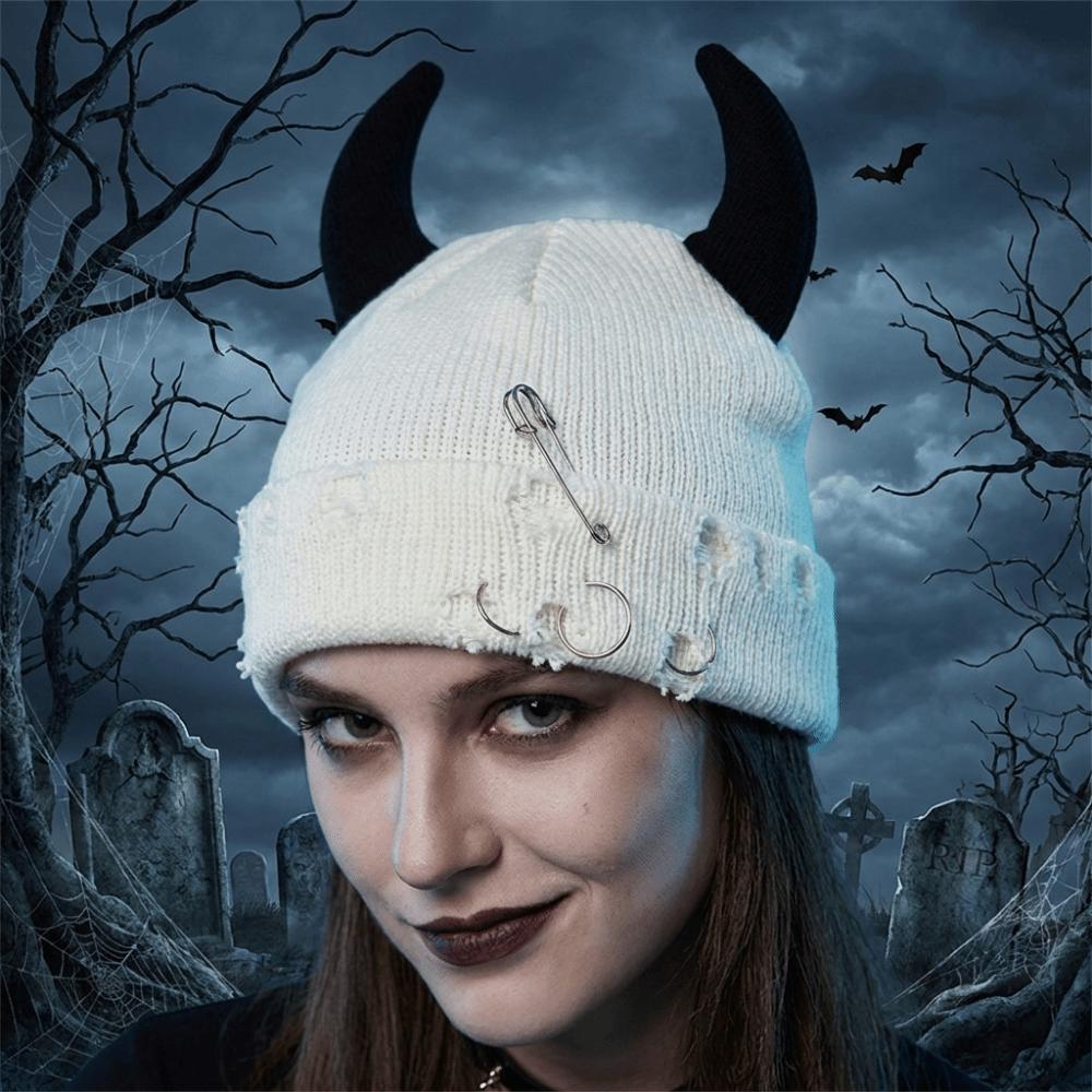 Yarn Winter Pullover Cap Solid Color Knitted Beanie Punk Devil Horns Hat Autumn/Winter