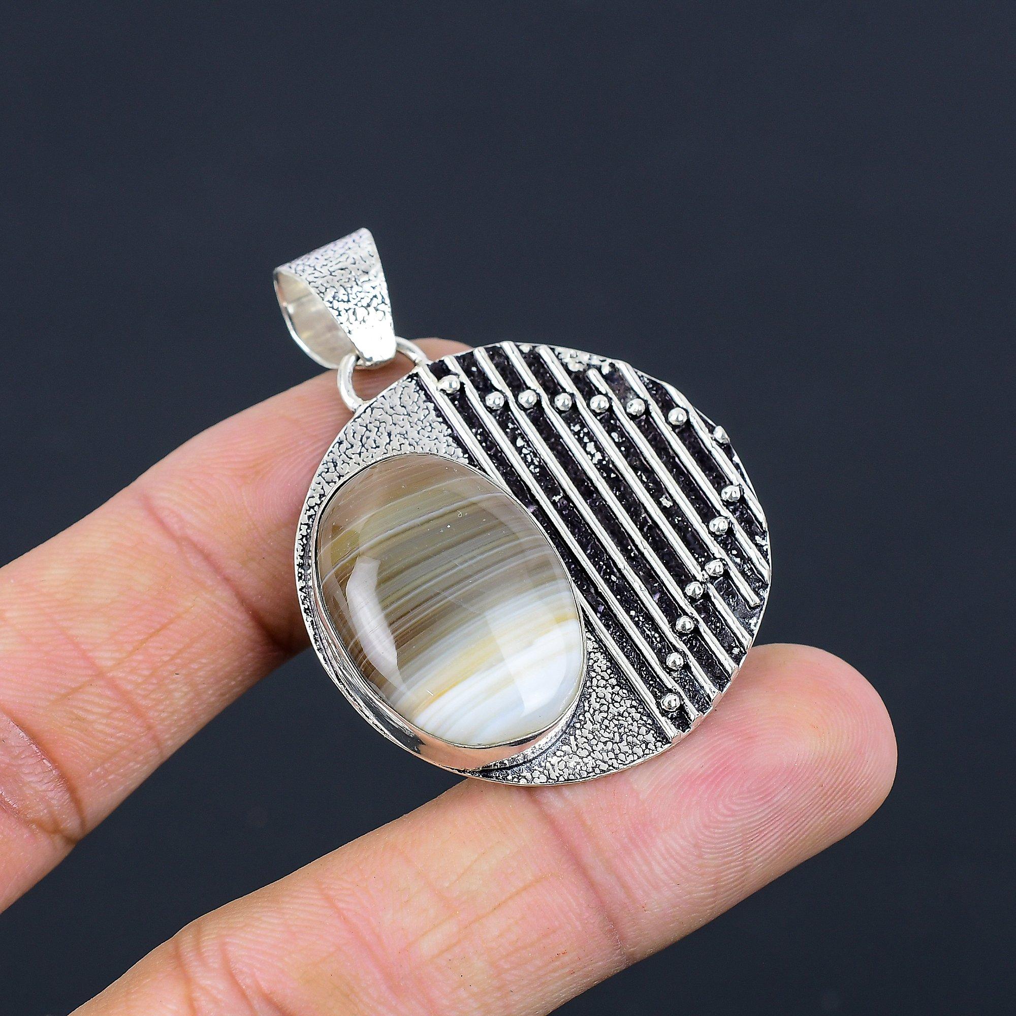 

Sterling Silver Oval Botswana Agate Stone Birthday Wife Wedding Pendant Jewelry