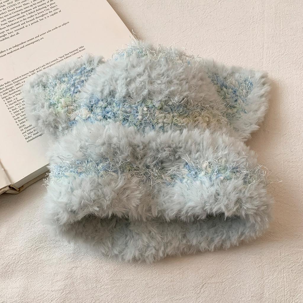 Autumn and winter cute mixed color striped cat ears plush knitted hat women's face small wool hat warm ear hat