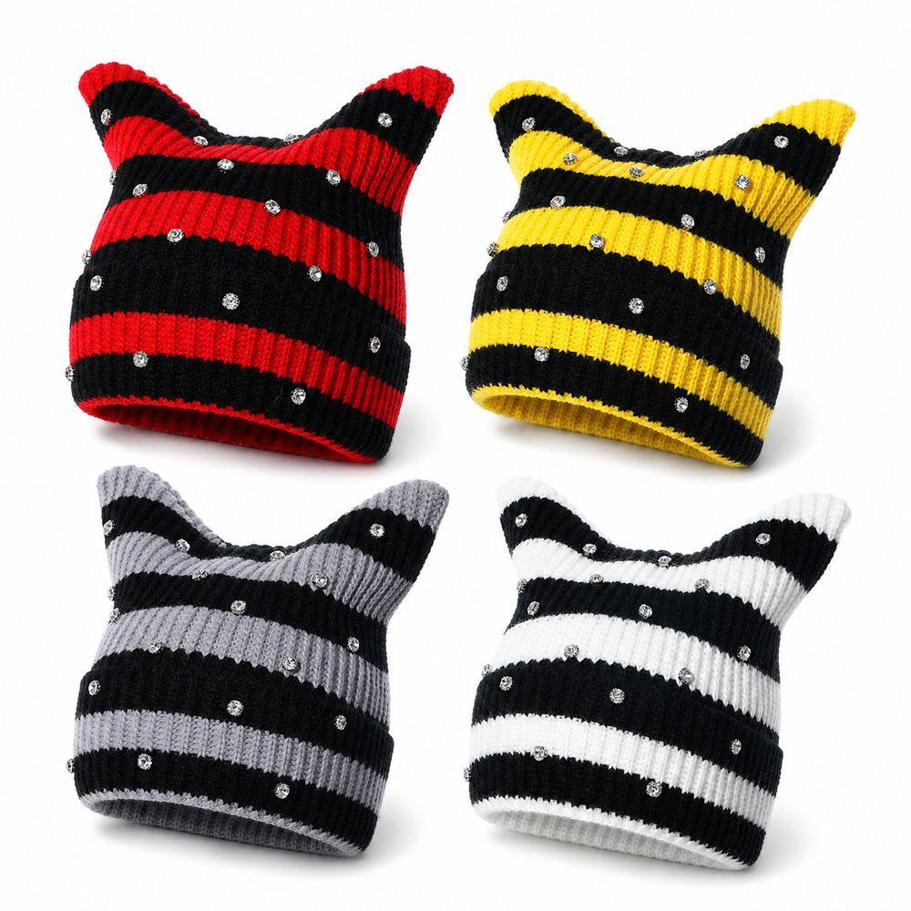 Gifts Yarn Cat Ear Beanie Crystal Y2K Harajuku Striped Hat Punk Gothic Stretchable Knit Knitted Skull Cap Casual Streetwear