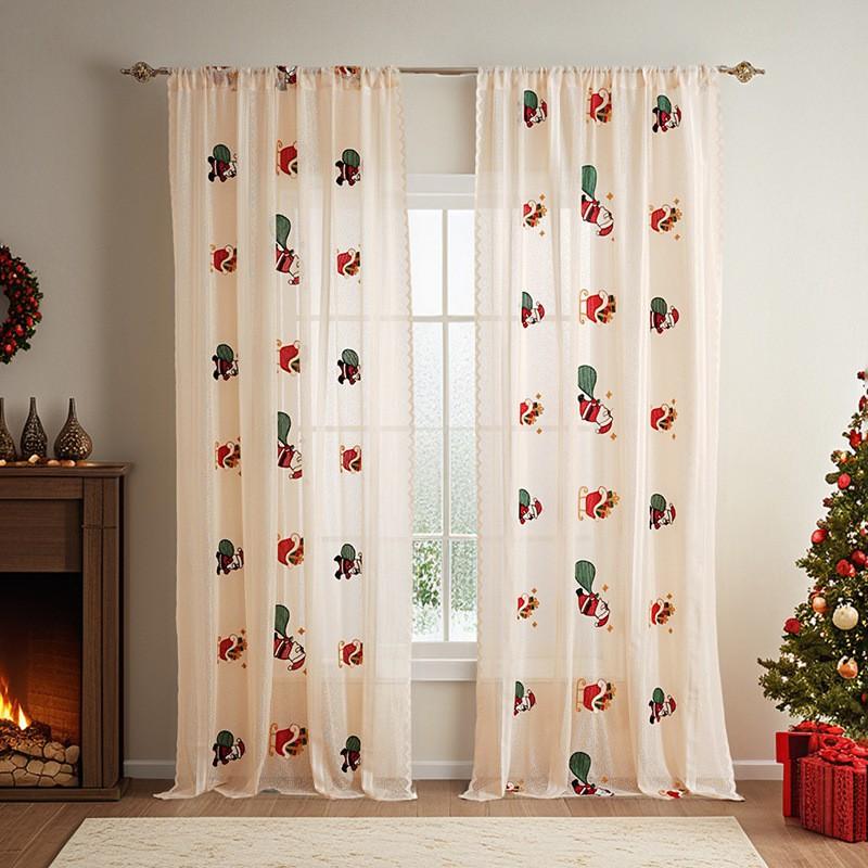 American Style Christmas Embroidered Sheer Curtain Festive Window Decor Living Room Bedroom Balcony