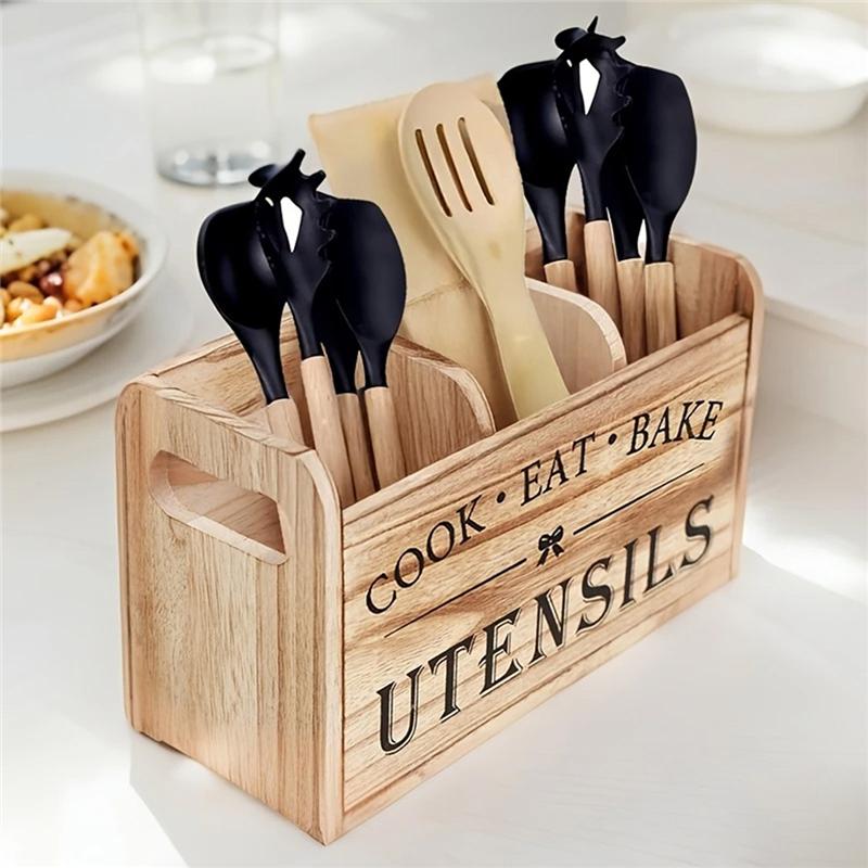 Kitchen Utensil Rack With Three Compartments Rustic Wooden Storage Box Vintage Tableware Farmhouse Dish Cabinet