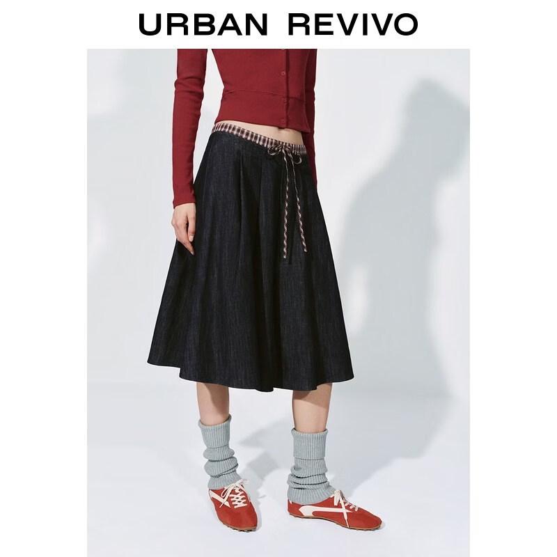 UR 2026 Spring Women's Casual Spliced Color-block Plaid Denim Skirt