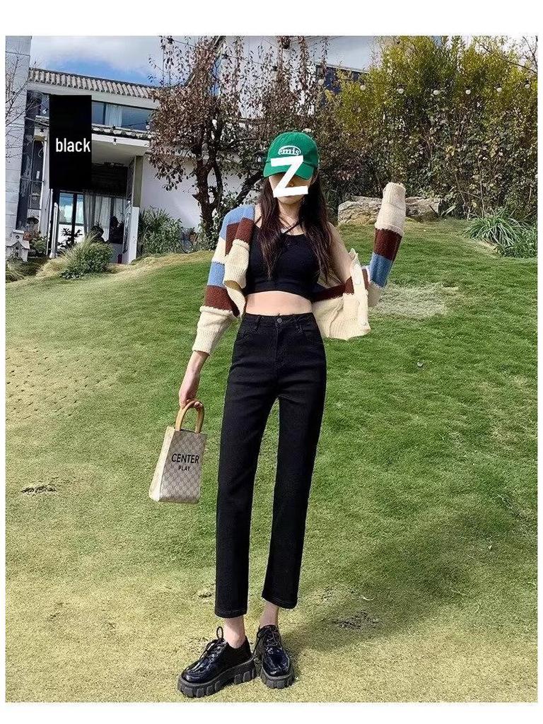2025 Spring/Summer Women's Black Cigarette Straight-Leg Jeans - Slim Nine-Point Style