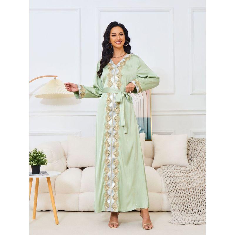 Middle East Robe Elegant New Women clothes Hot Drilling Long sleeve V-neck Big Hemline Lace Gold Thread Dress Insdresses