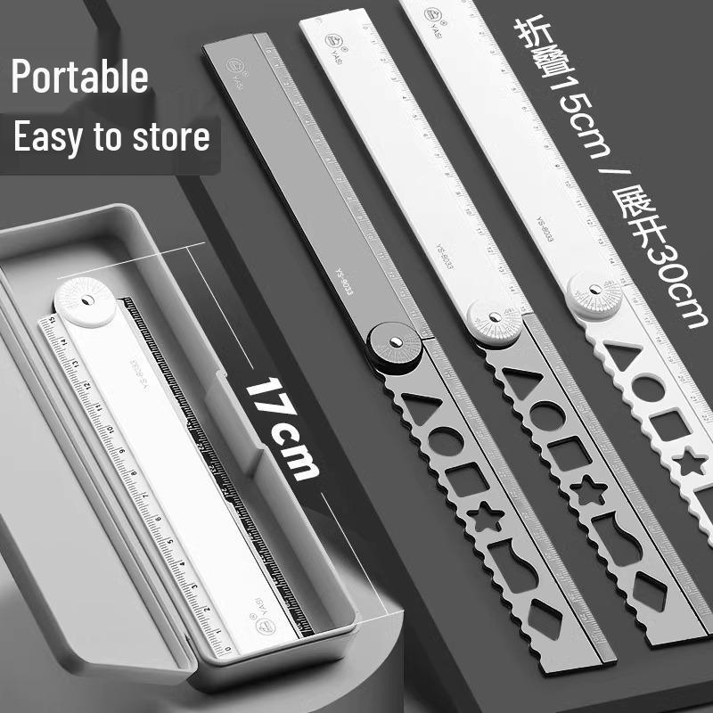 Elementary Students' 30cm Folding Ruler Set with Wavy Line, Simple Black Design for Girls